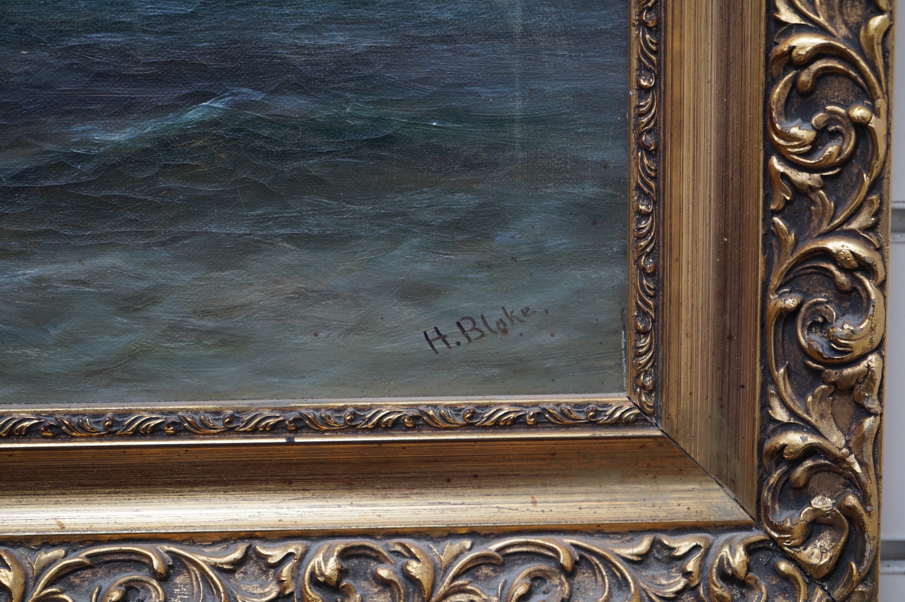 H Blake, pair of oils on canvas, Shipping scenes, each signed, 40 x 59cm, ornate gilt framed. Condition - fair